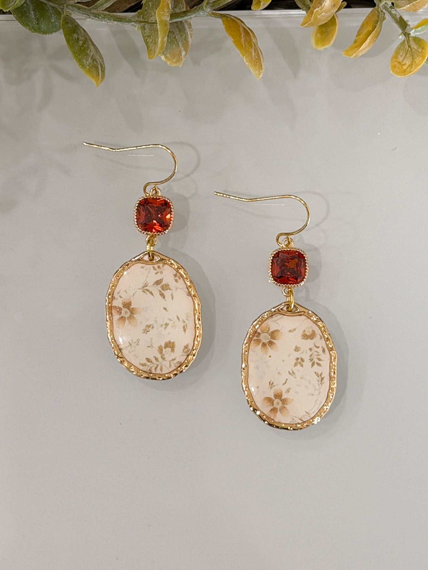 floral polymer clay dangle earrings with amber orange gemstone and gold frame handmade lightweight earrings