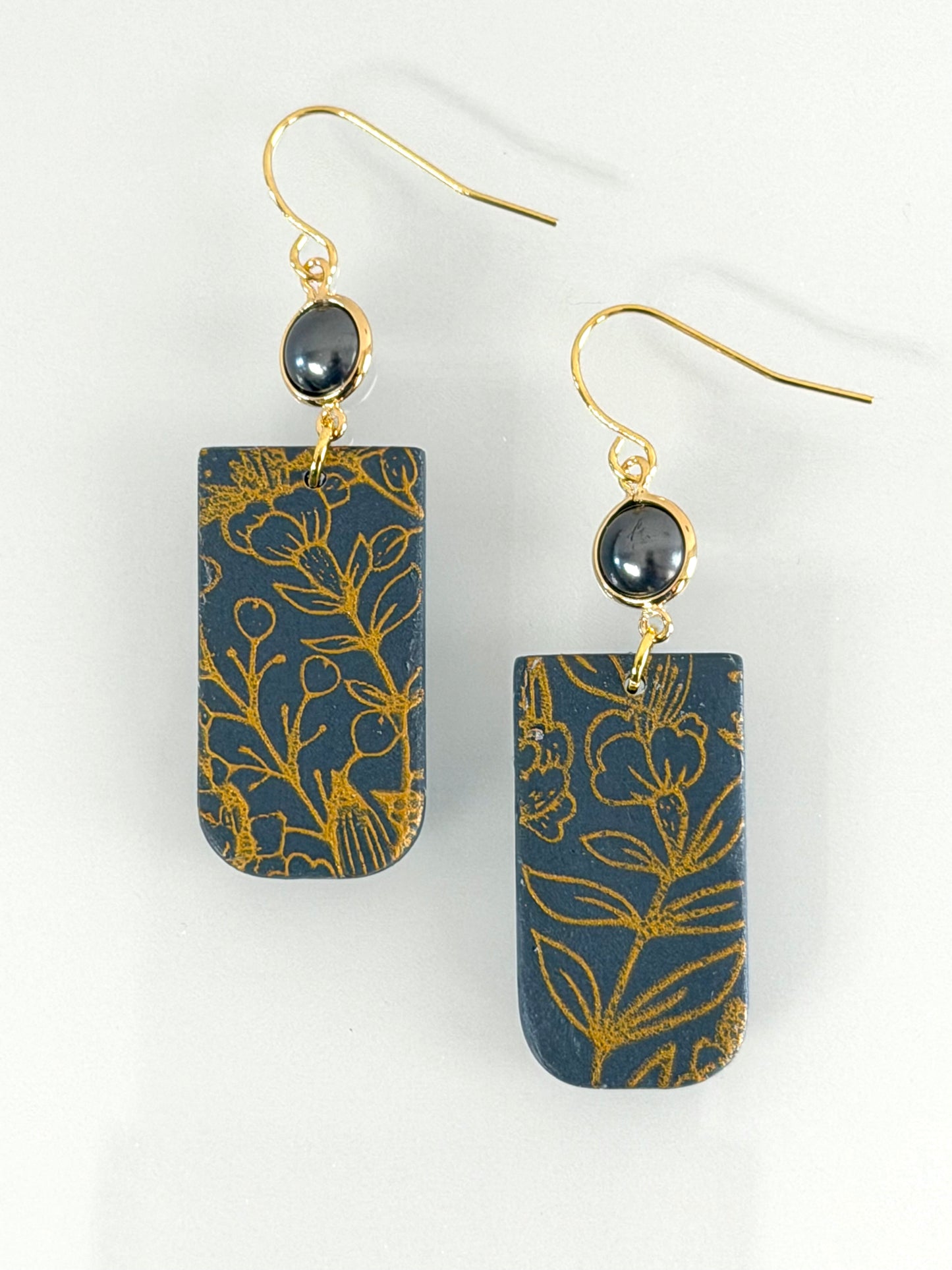 Midnight Meadow Bloom Earrings dark blue polymer clay gold floral statement earrings handmade boho jewelry layer out side by side