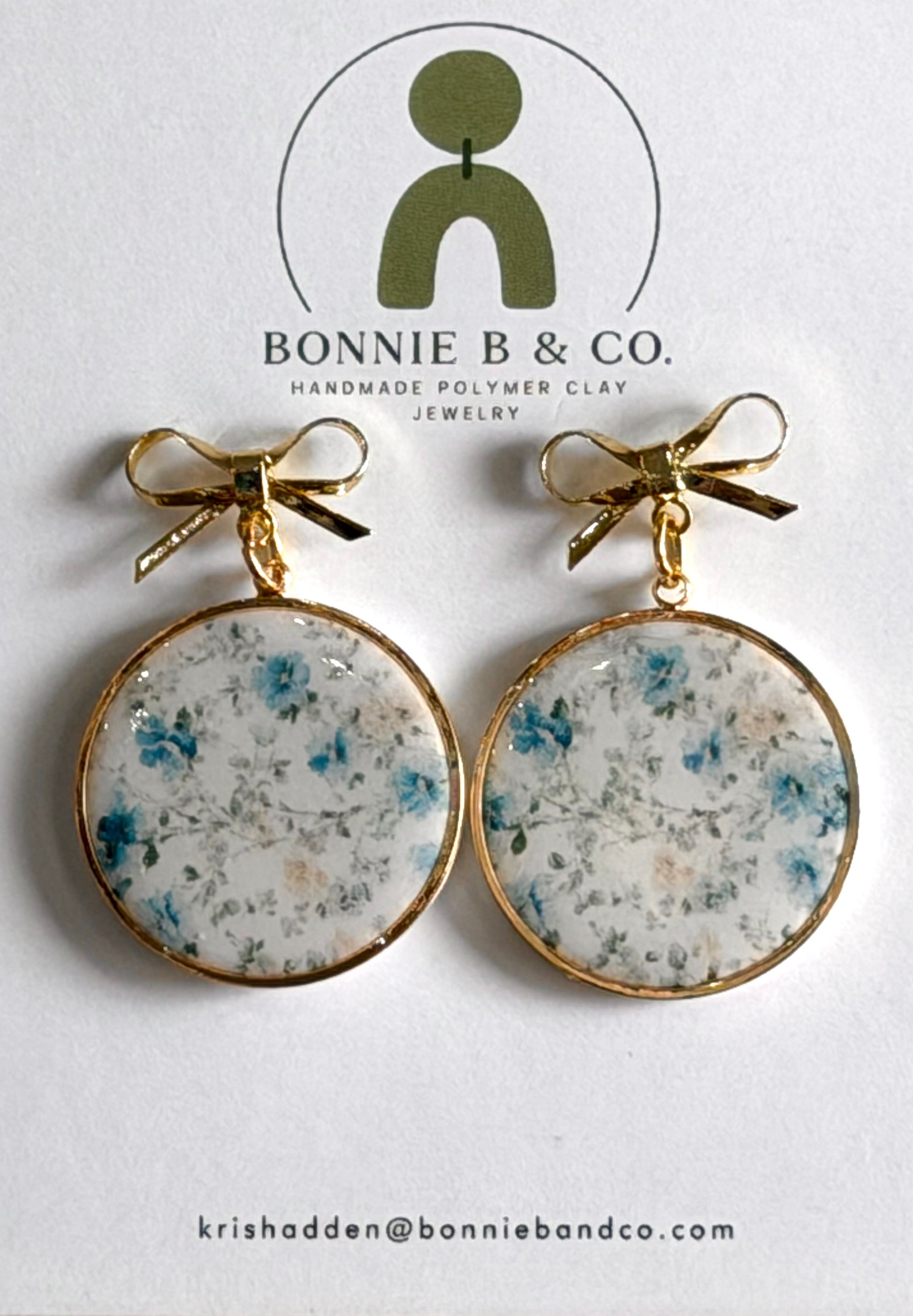 blue tea garden floral polymer clay earrings with gold bow dangles handmade lightweight jewelry