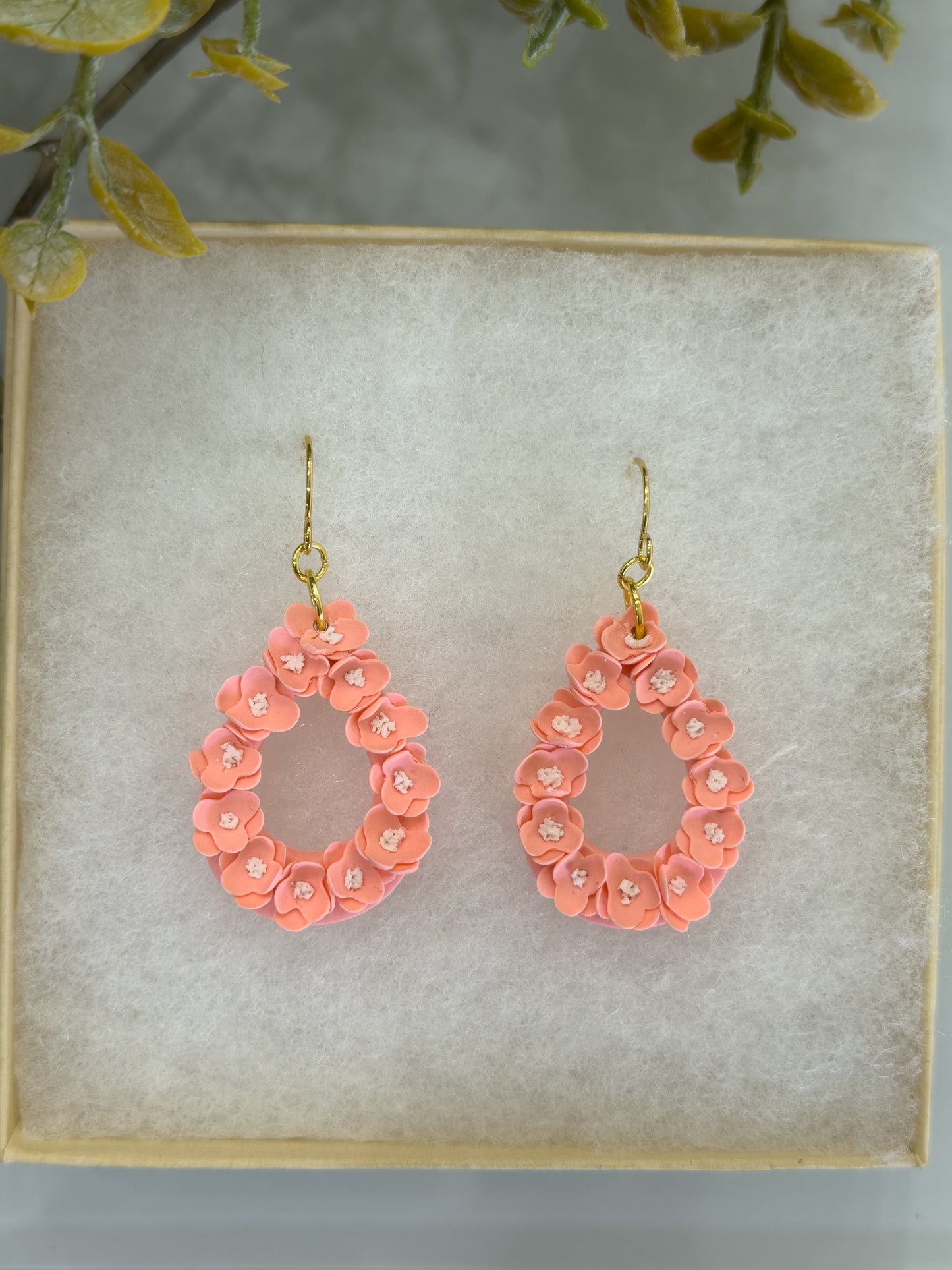 Handmade blush peach floral teardrop polymer clay earrings with gold hooks
