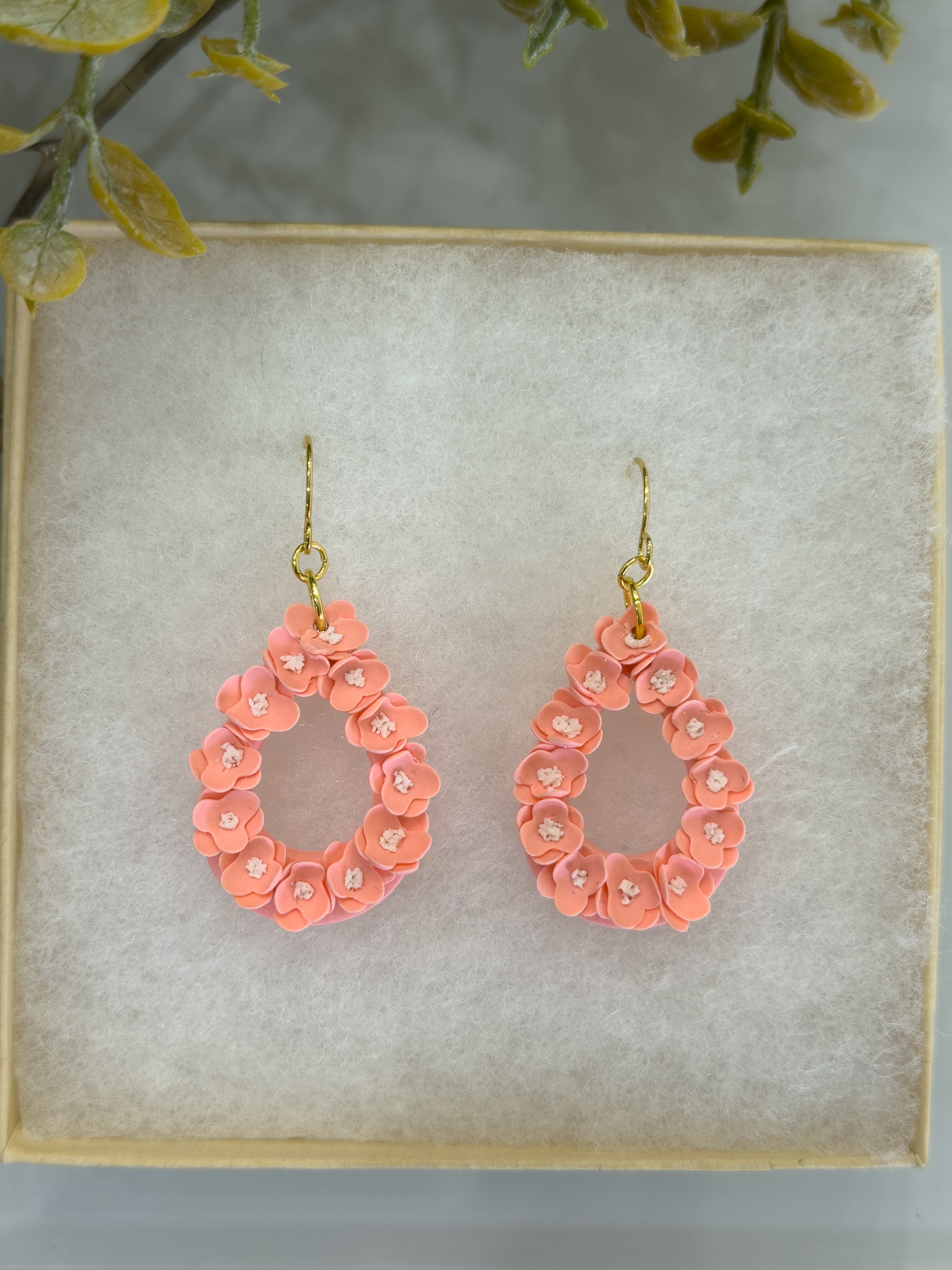 Handmade blush peach floral teardrop polymer clay earrings with gold hooks

