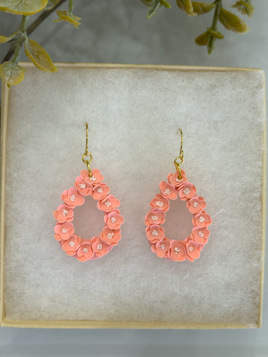 Handmade blush peach floral teardrop polymer clay earrings with gold hooks
