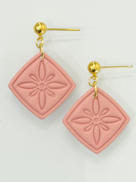 Handmade terracotta polymer clay dangle earrings with lace texture and gold accents by Bonnie B & Co