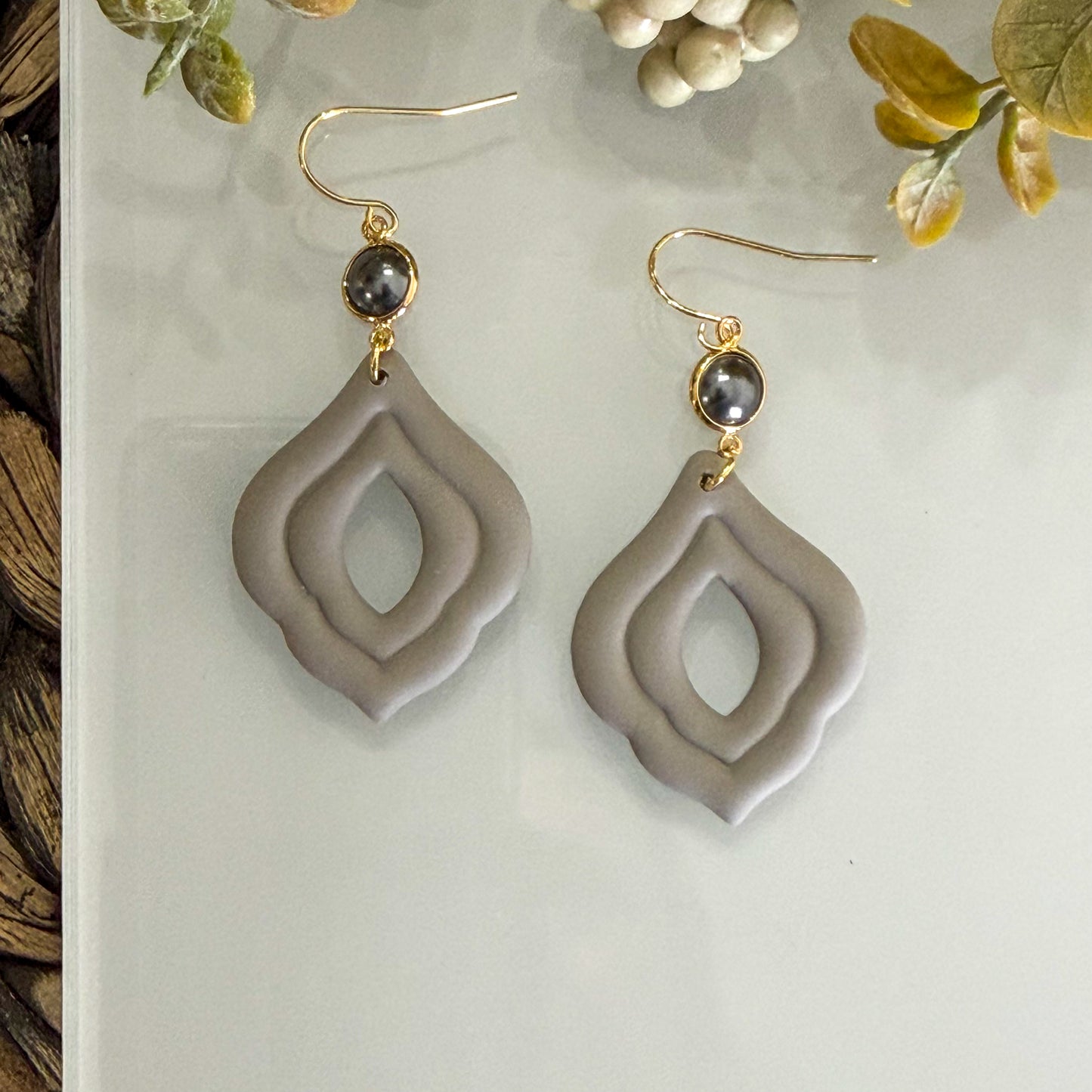 Neutral grey layered polymer clay earrings with pearl accent