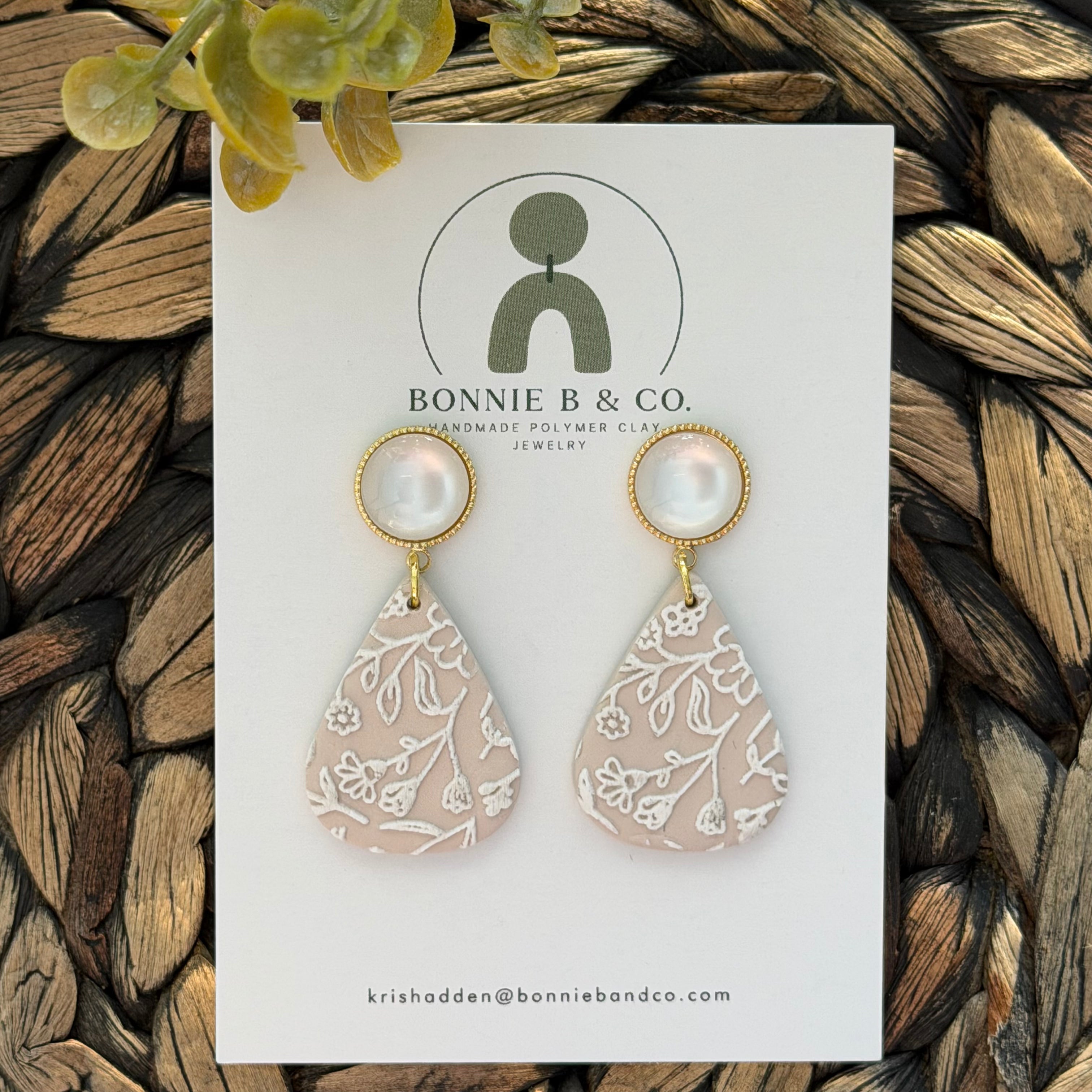 Handmade neutral floral polymer clay earrings with faux pearl stud by Bonnie B & Co