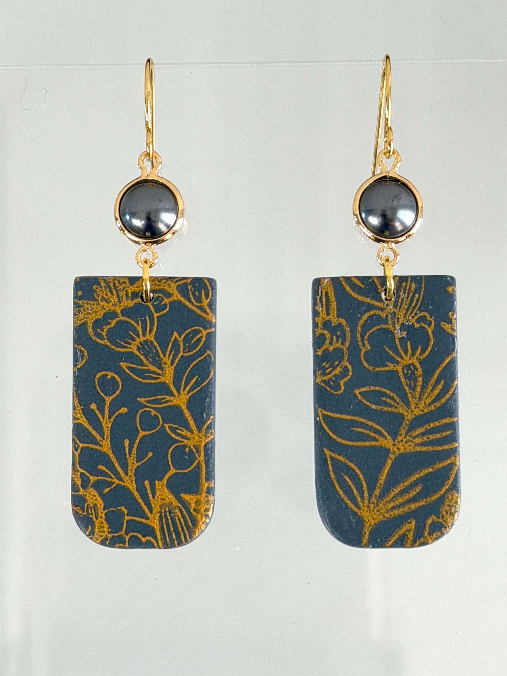 Midnight Meadow Bloom Earrings dark blue polymer clay gold floral statement earrings handmade boho jewelry