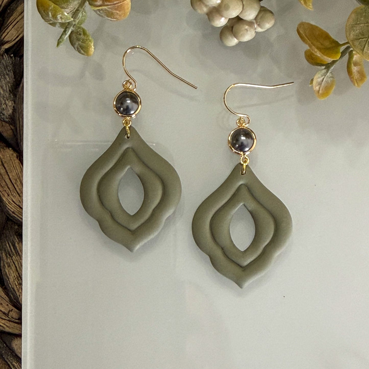 Soft olive green polymer clay statement earrings handmade jewelry
