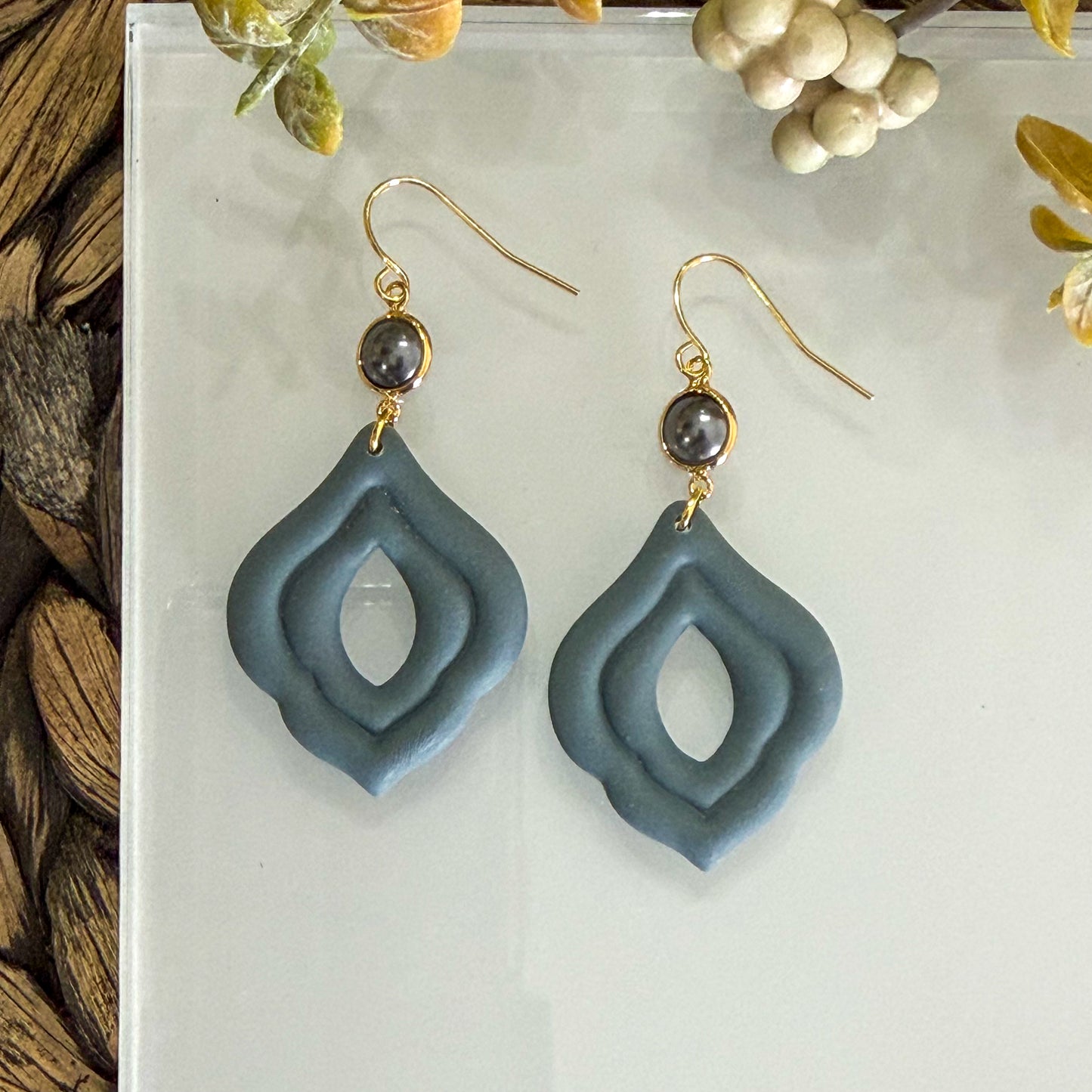 Handmade blue polymer clay layered earrings with pearl accent
