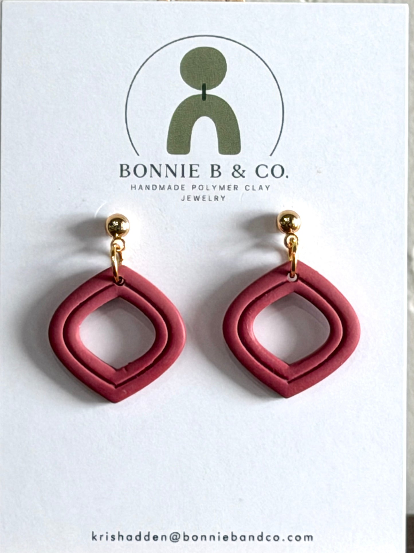 rosewood geometric polymer clay dangle earrings with gold ball stud posts lightweight handmade earrings