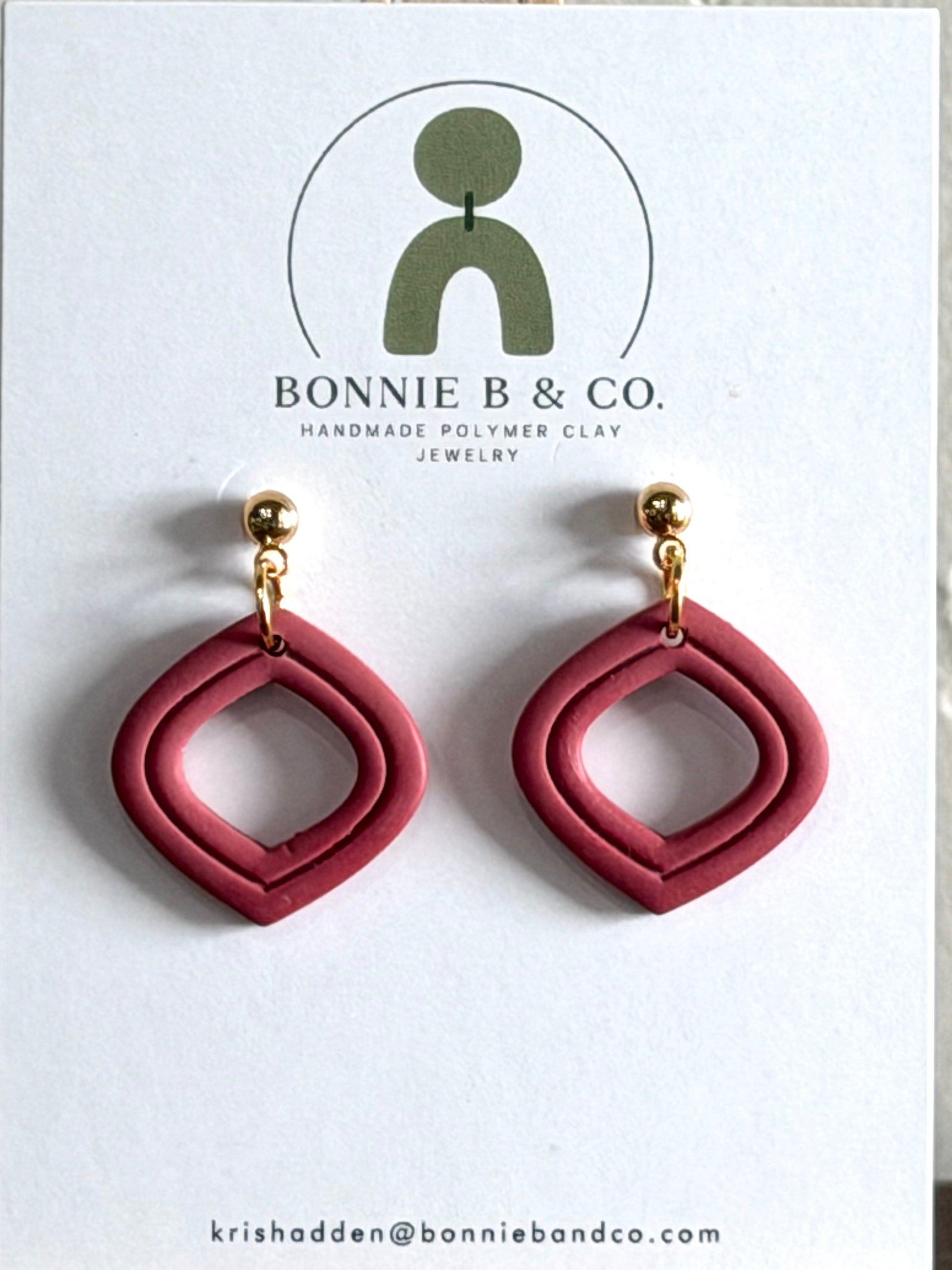 rosewood geometric polymer clay dangle earrings with gold ball stud posts lightweight handmade earrings