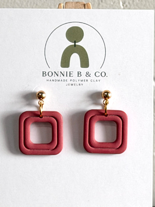 rosewood square drop polymer clay earrings with gold ball stud posts lightweight handmade earrings