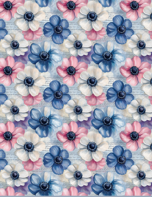Soft blue and blush floral polymer clay transfer sheet with vintage script background
