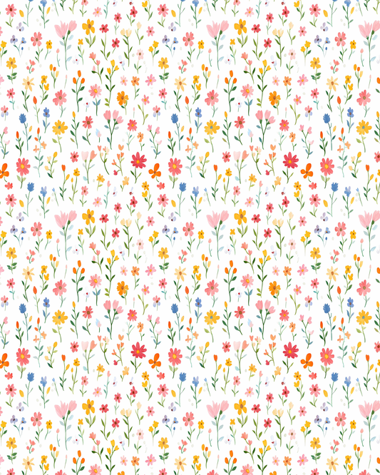 Spring Flowers polymer clay transfer sheet featuring colorful wildflowers in pink, yellow, coral, and blue on a white background