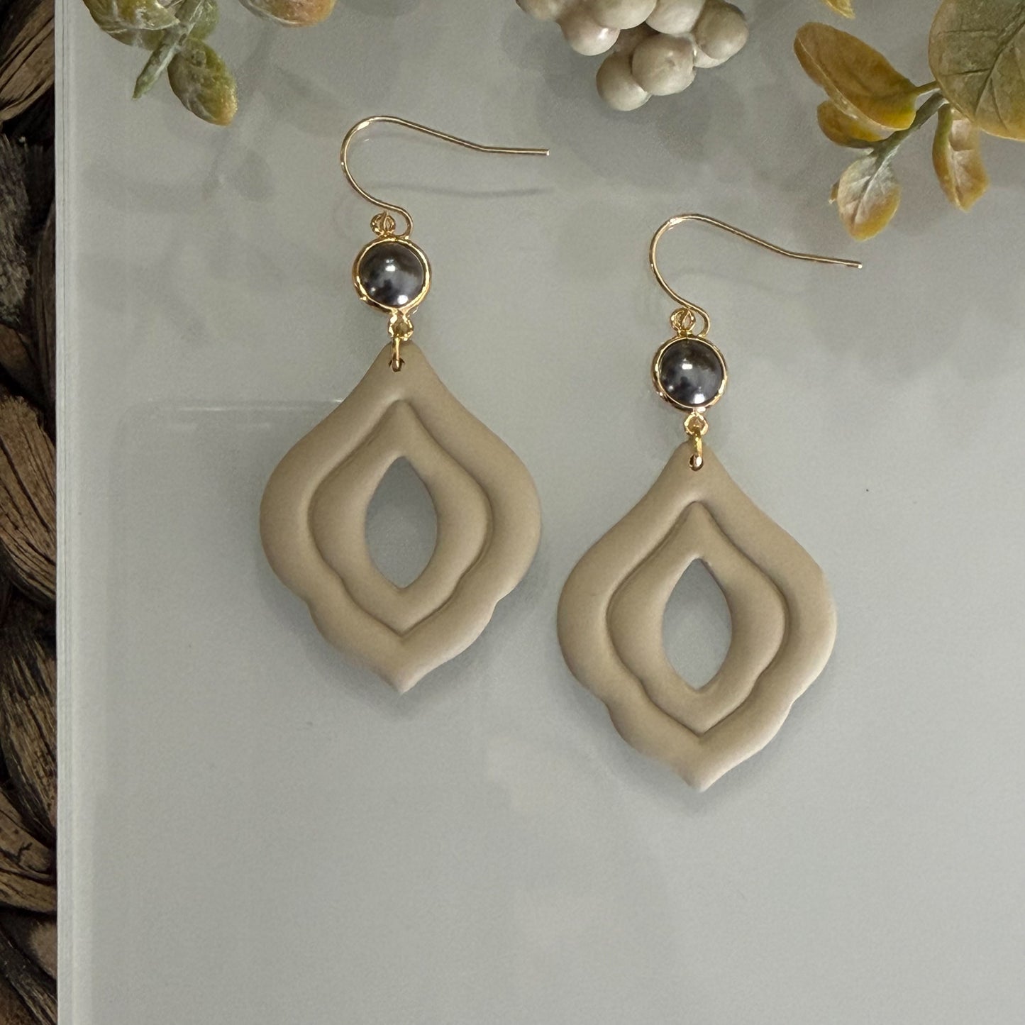 Beige neutral polymer clay drop earrings lightweight handmade jewelry