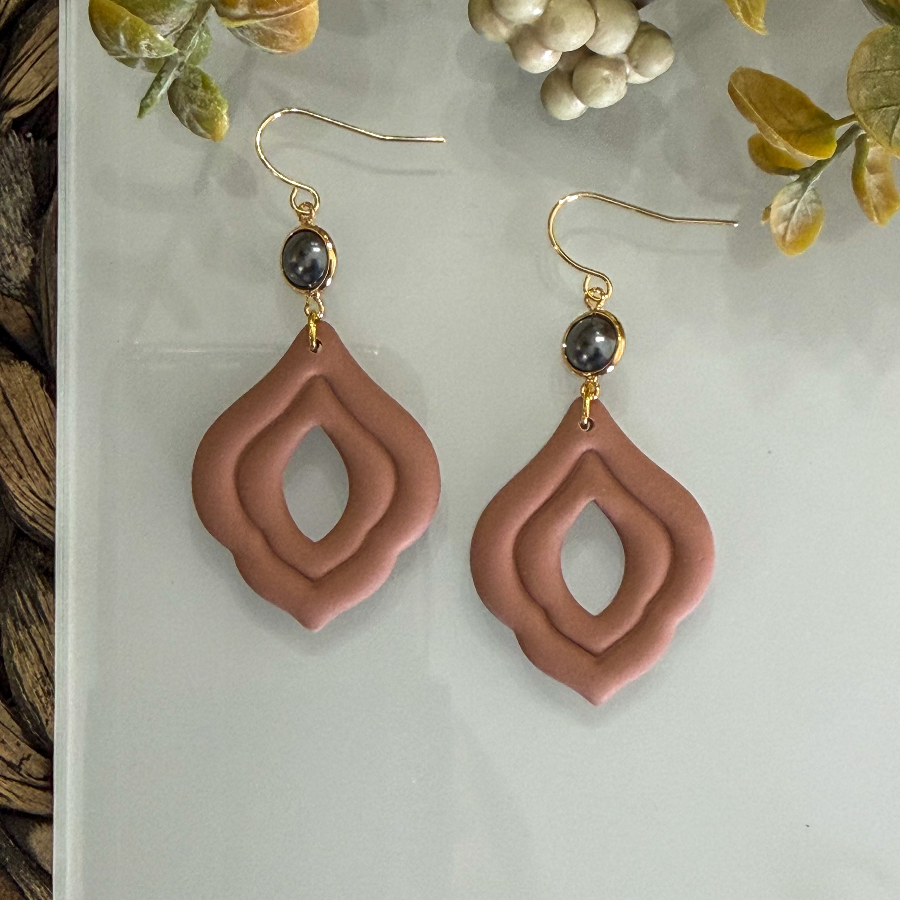 Handmade terracotta polymer clay drop earrings with gold and pearl detail