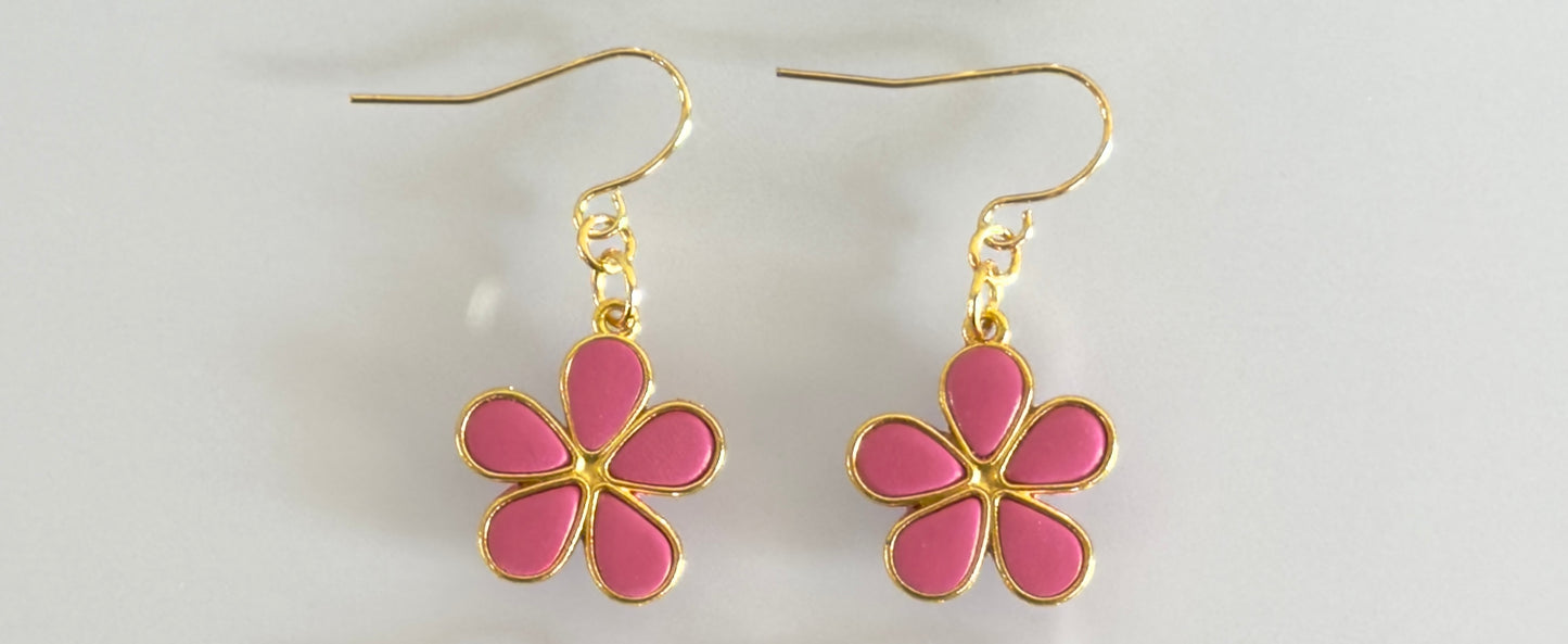 Pink floral statement earrings with gold accents