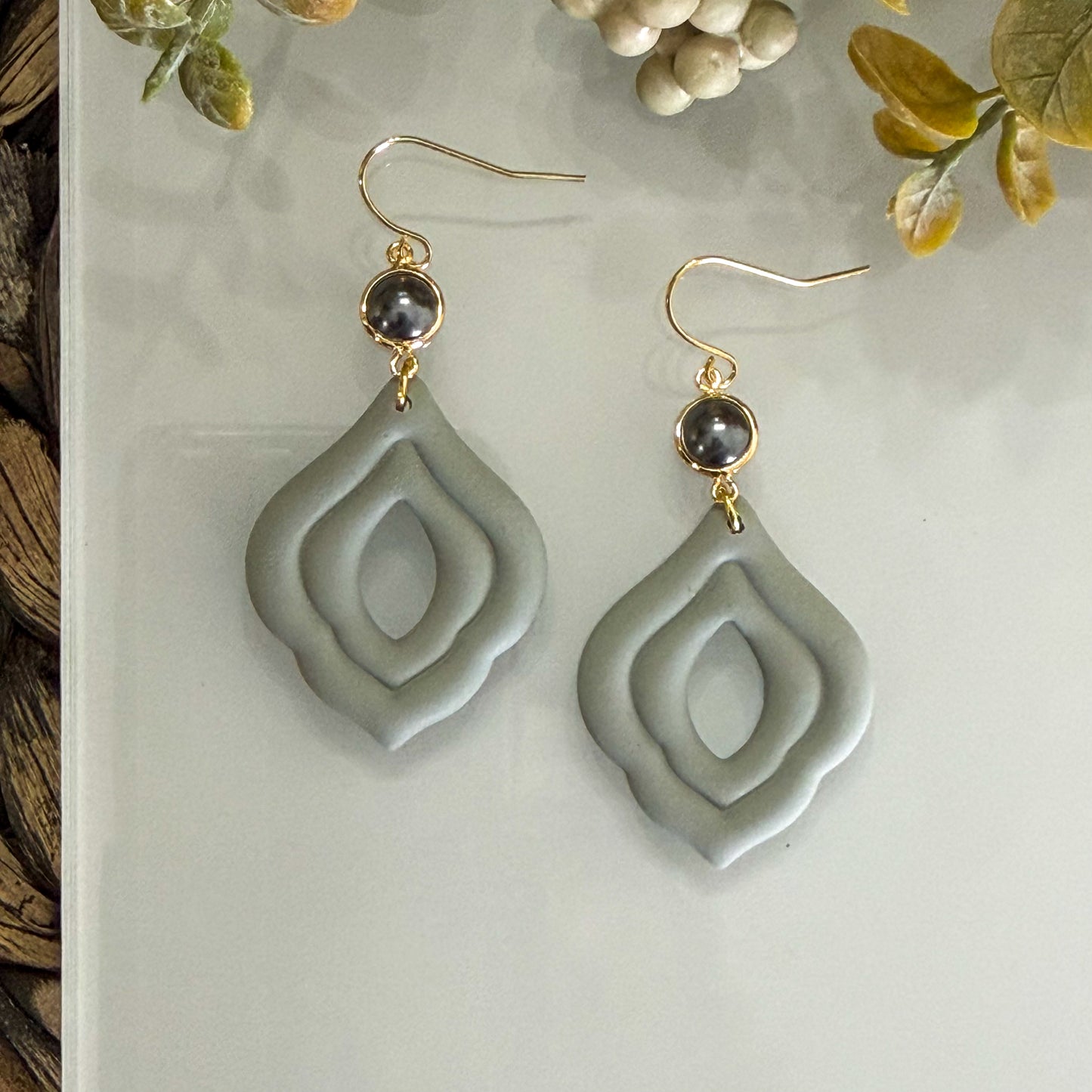 Light gray green polymer clay earrings handmade by Bonnie B & Co