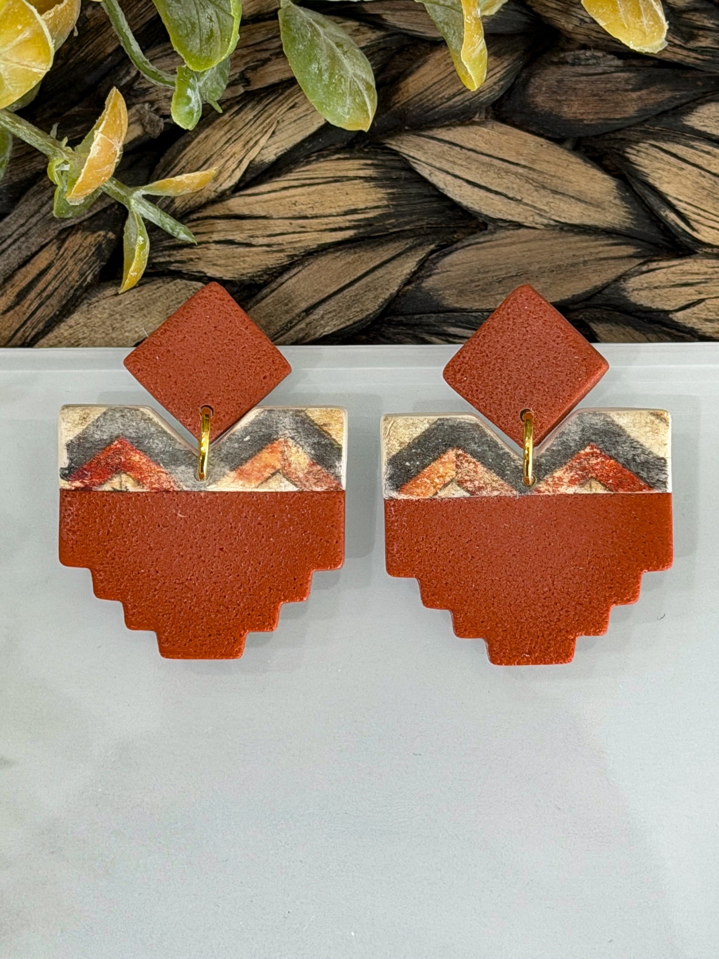 copper canyon geometric polymer clay earrings handmade lightweight statement earrings warm earthy tones